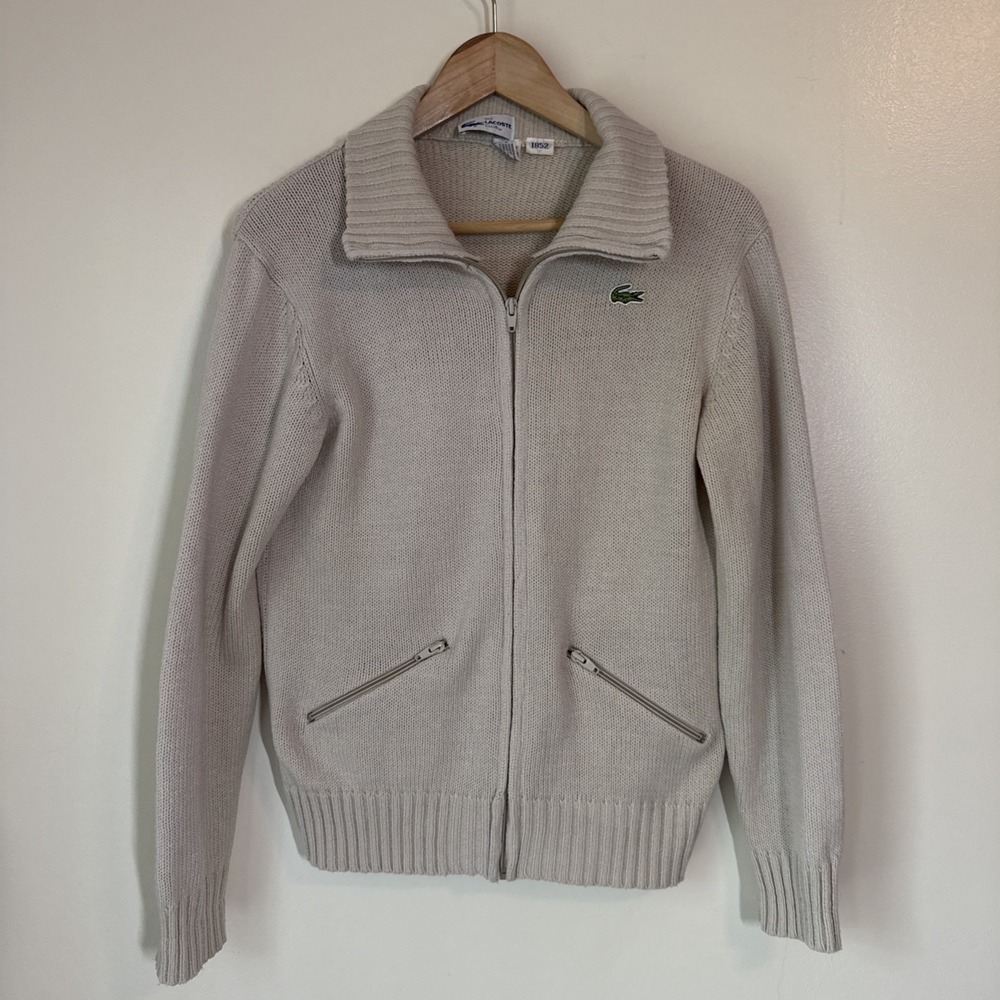Vintage Lacoste Cardigan Sweater Mens Size S Full Zip Beige Preppy Hong Kong 70s